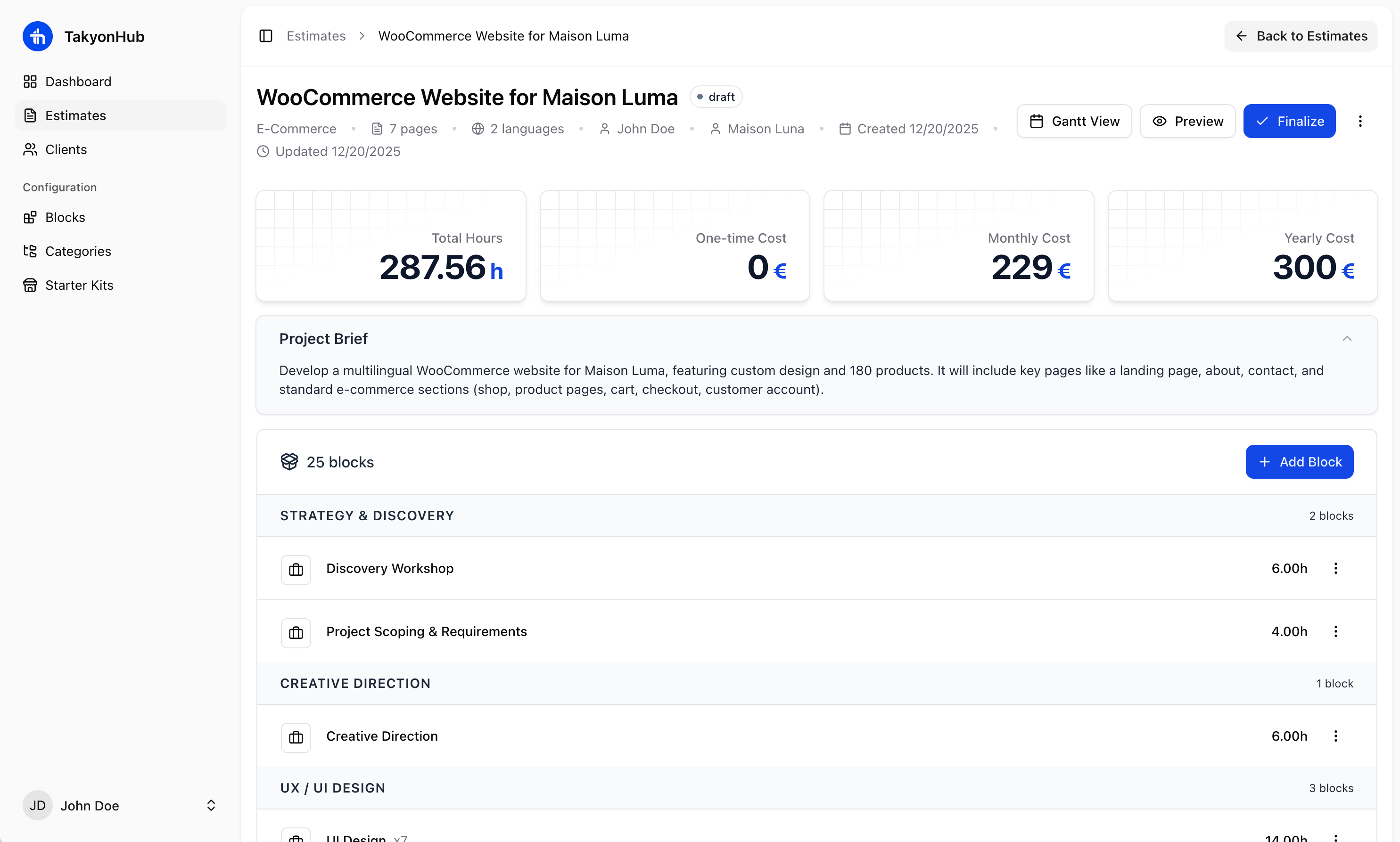 TakyonHub Estimate Dashboard